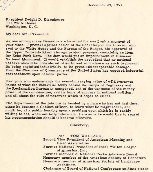 Letter from Wallace to President Eisenhower protesting the Echo Park Dam, December 29, 1953. Filson Manuscript Collection