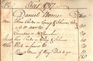 Daniel Boone Fee book entry Daniel Boone's 1787 entry in the Kentucky Fee Book.