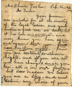 Anonymous letter to Lucy Tucker, 20 September 1862. Alleges that Lucy is a Confederate spy and should no longer attend meetings of the Humane Ladies.