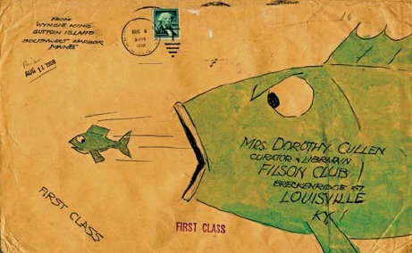 Illustrated envelope addressed to Filson Curator Dorothy Cullen, 11 August 1958.  King mailed his watercolor caricatures to the Filson in several batches.  One batch arrived in this envelope.
