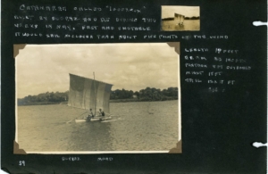 Scan of an album page. Two photographs of a sail boat are attached to black paper. Text describes the dimensions of the boat.
