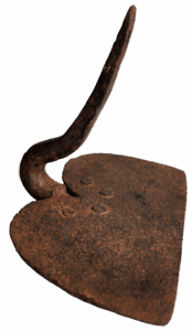 Photograph of a reddish brown garden hoe.