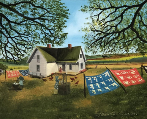 Landscape with a white farmhouse in the middle ground and trees framing wither side. There are 4 figures working outside on the farm with various animals throughout the landscape. There are also two laundry lines with bright quilts hanging on them. There is a bright blue sky with wispy clouds. Signed 