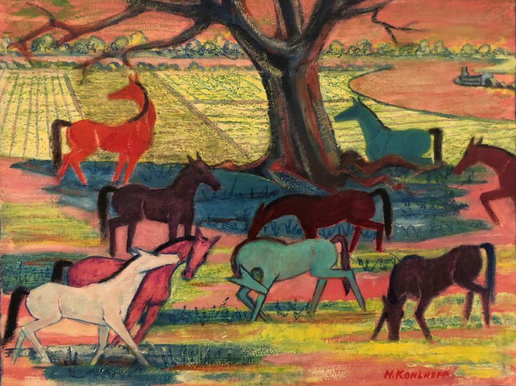 Landscape painting of horses in a pasture underneath a tree with no leaves. There is a farm field with rows of crops in the background and a bend in a river with a steamboat. The painting is in very bright neon colors including strong pinks, yellows, greens, purples, reds and blues. The painting was done on treated paper that has been glued onto a painted canvas that borders the scene. The background canvas is a denim blue wash. Signed in the lower left corner of the paper.