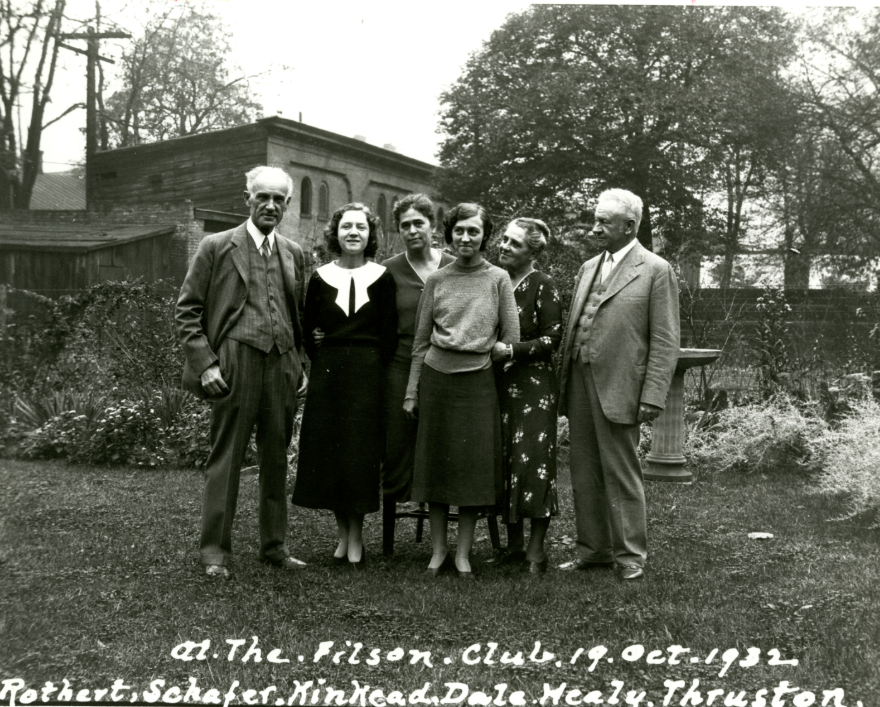 The Filson Club staff standing outside, (left to right) Otto Arthur Rothert, Secretary of the Filson, and Editor and Manager of the Filson Club History Quarterly; Margaret Schafer, Clerk; Ludie J. Kinkead, Curator and Librarian; Evelyn Dale, Curator and Librarian; Katherine Healy, Clerk; and Rogers Clark Ballard Thruston, President of the Filson, 1932, Filson Historical Society 