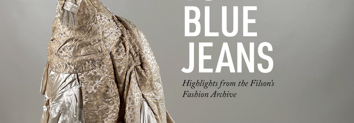 Elegant, vintage gown with intricate lace detailing and a long train, set against a neutral background. Text reads "Bustles to Blue Jeans."