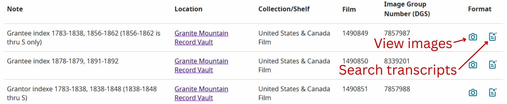 Screenshot of sample FamilySearch catalog