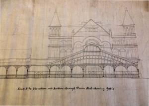 Southside elevation drawing depicting Louisville’s Union Station and train sheds (November 1889). Designed by F.W. Mowbray, the station was completed in 1891. Only Louisville-area contractors were utilized and materials, too, were local. Everything except the clocks and skylights were brought in from Kentucky, including ashlar-faced bricks from Bowling Green and stone trimmings from Bedford