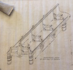 Isometrical drawing of a bench created for the interior of the re-built Louisville Union Station (1906).