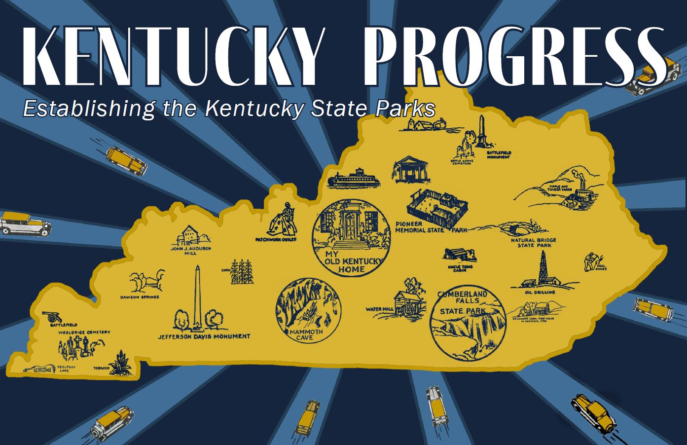 Outline of the state of Kentucky with locations of state parks on it. Writing reads: "Kentucky Progress: Establishing the Kentucky State Parks.