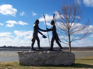 Carol Grende’s bronze statue at the Falls of the Ohio Interpretive Center commemorating the meeting of Lewis and Clark at the Falls.