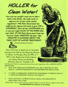 Neon green 8x11 paper flyer with black text. The design features an older woman washing a child. The child looks in pain from the hard scrubbing.