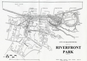 Black and white aerial rendering of structures and landscaping along the Ohio River.