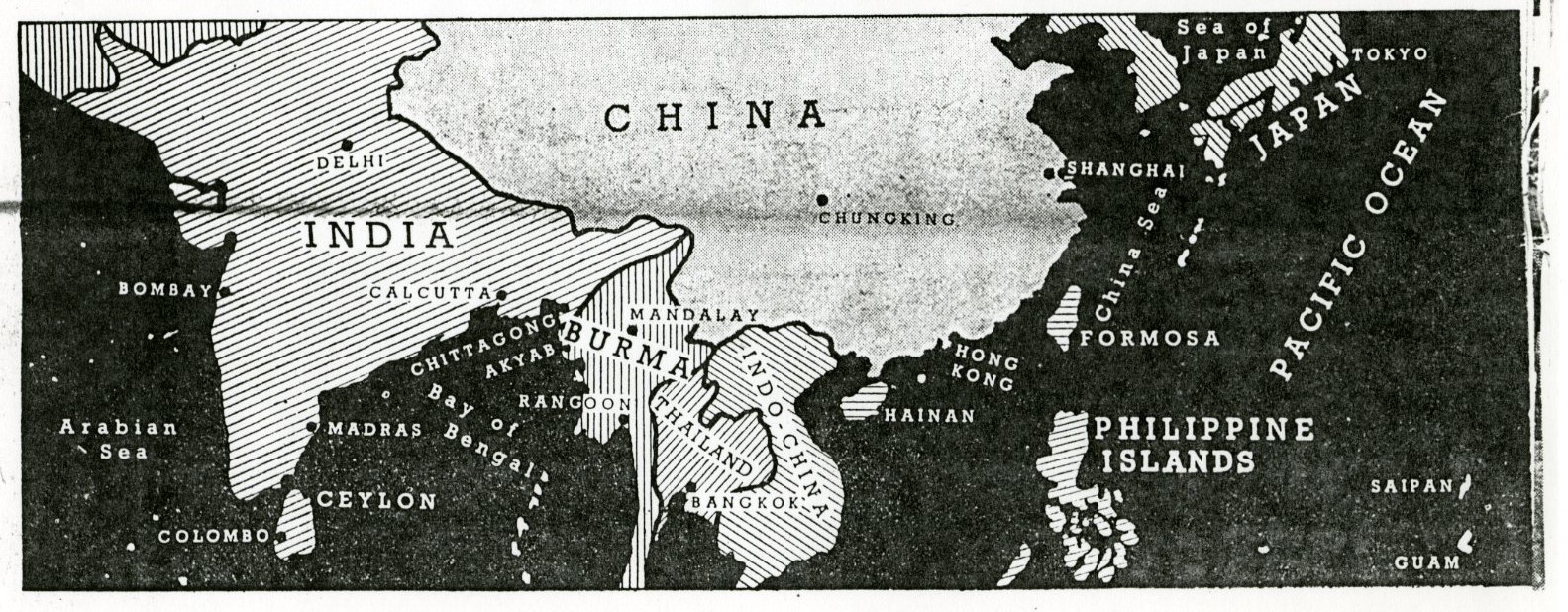 China-Burma-India Theater Map from a S.E.A.C. Souvenir, 1945 (Mss. C C - James S. Craik, Jr. Papers)