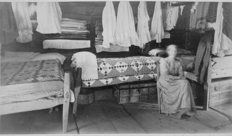 RCBT-MT-025 Interior of Robert Wilson's log cabin, Rogers Clark Ballard Thruston Mountain Collection