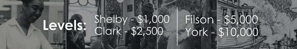 Images of Filson collections and visitors of the Filson. Words imposed on top designate 1884 Society Levels. Shelby: $1000, Clark: $2500, Filson: $5000, and York: $10,000.