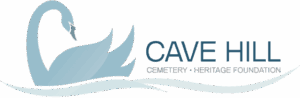 Cave Hill Cemetery Logo. A blue swan next to the words Cave Hill Cemetery and Heritage Foundation