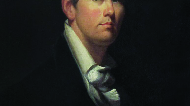 A portrait of Matthew Harris Jouett, showing a white man in a white collared shirt fading into a black background.