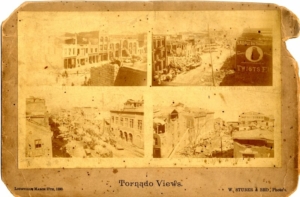Compilation of four sepia tone photographs of downtown Louisville, Kentucky, with destruction from a tornado.